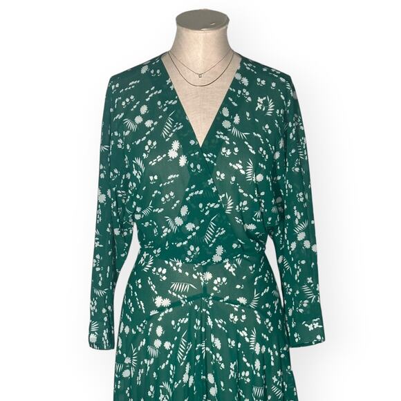 MAJE Green Floral Midi Dress Surplice Neck Wedding Cocktail Party Romantic Boho - Picture 3 of 12